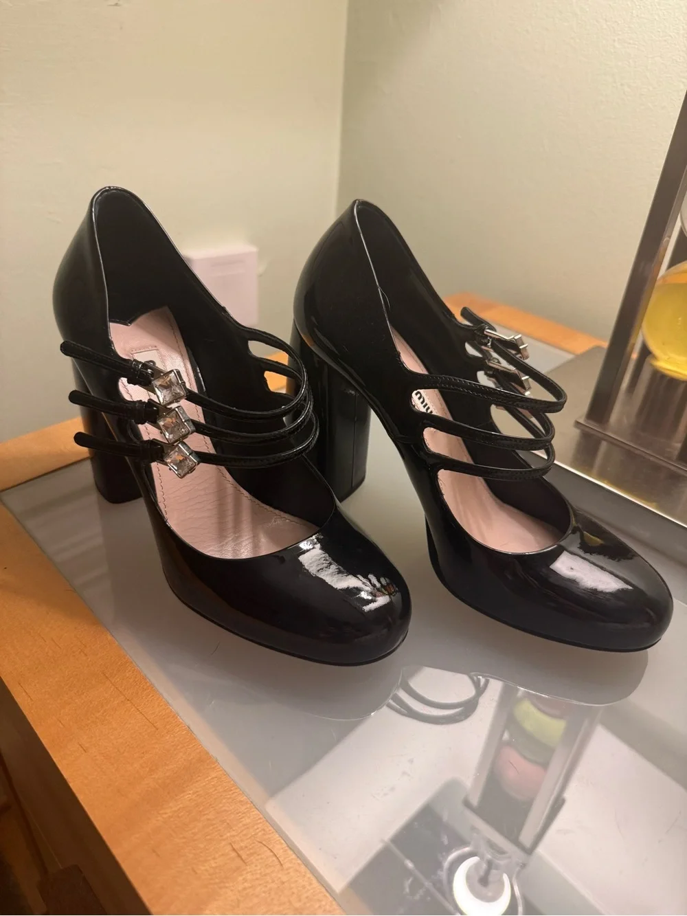 Miu Miu Black Patent Triple-Strap Block Heels with Crystal Buckles